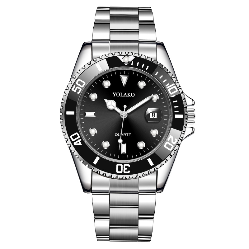 Reloj de cuarzo con correa de acero y calendario negro Y0343