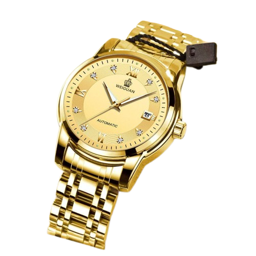 Reloj mecánico totalmente automático de acero dorado 619 con esfera dorada.