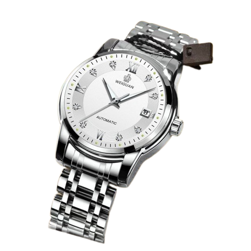 Reloj mecánico totalmente automático 619 correa de acero plateado esfera blanca