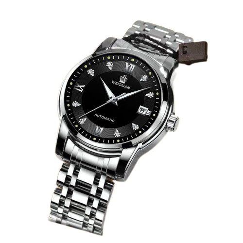 Reloj Mecánico Automático 619 Banda de Acero Plateado Esfera Negra