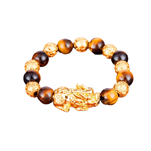 Pixiu 7 Abalorios Oro Piedra Ojo De Tigre Bañado En Oro 12mm153